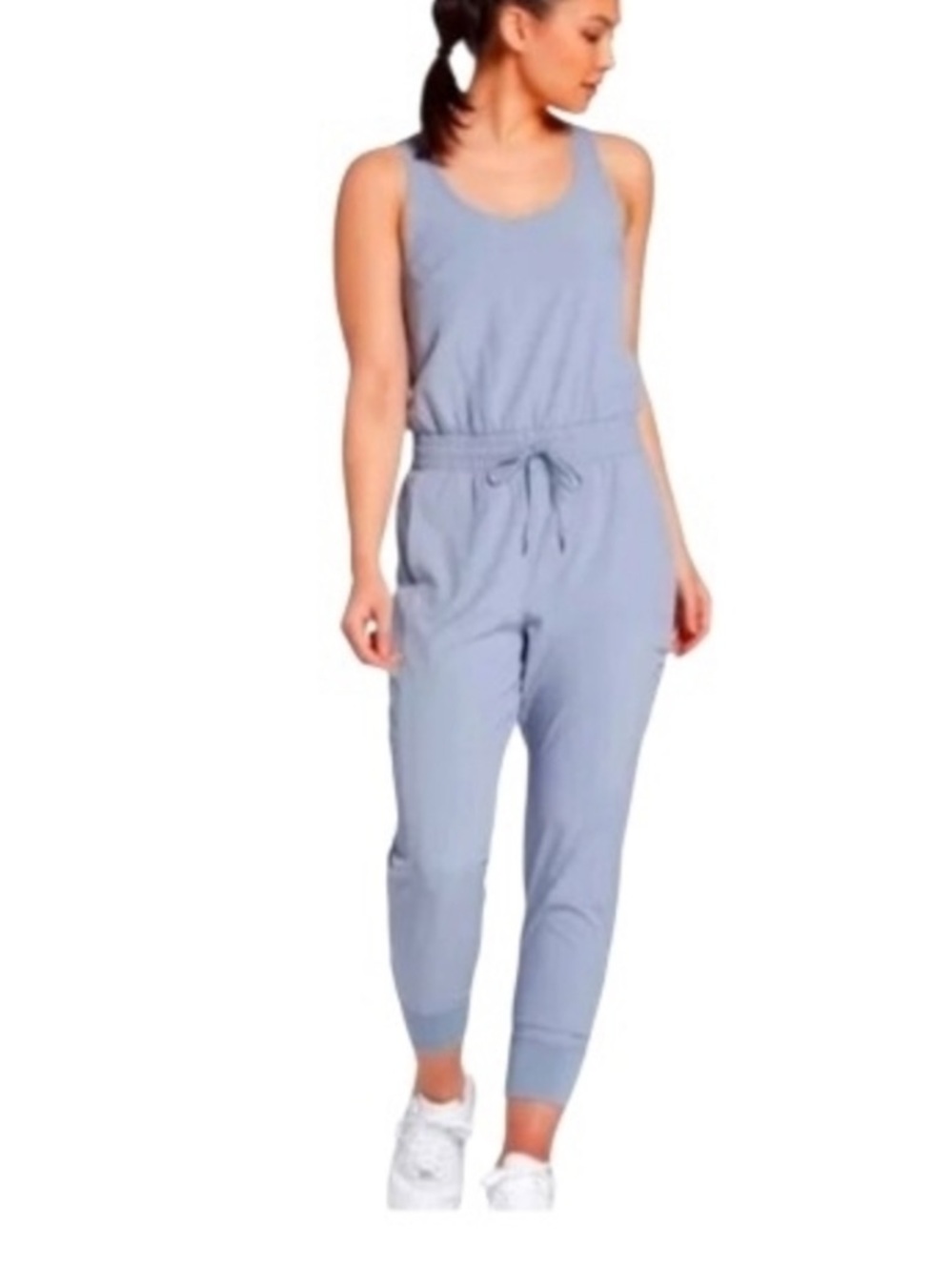 CALIA by Carrie Underwood Pearl Grey Sleeveless Drawstring Jumpsuit Small EUC